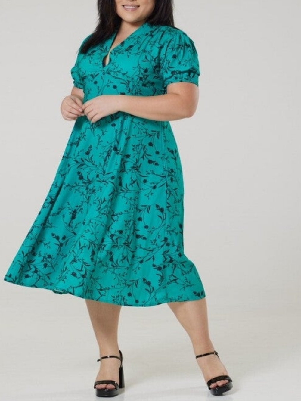Rossel Green Floral A-Line Midi Dress NWT